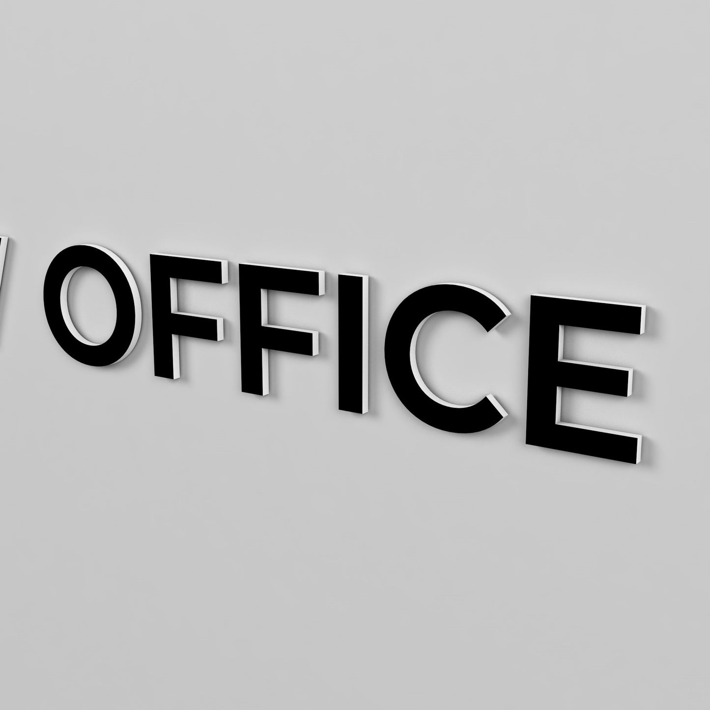 wall letters saying OFFICE in black with white edges