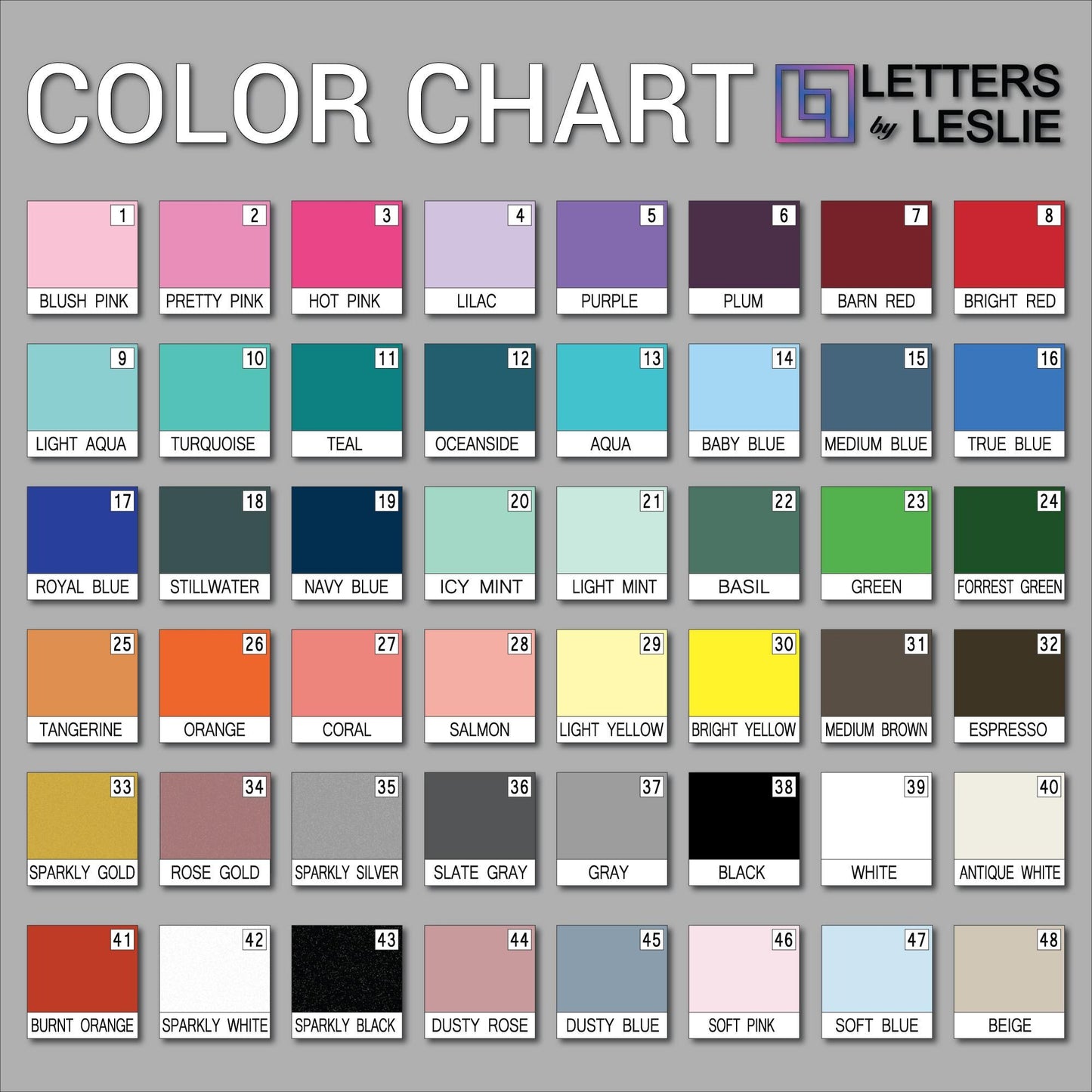 Color chart for 3d wall letters
