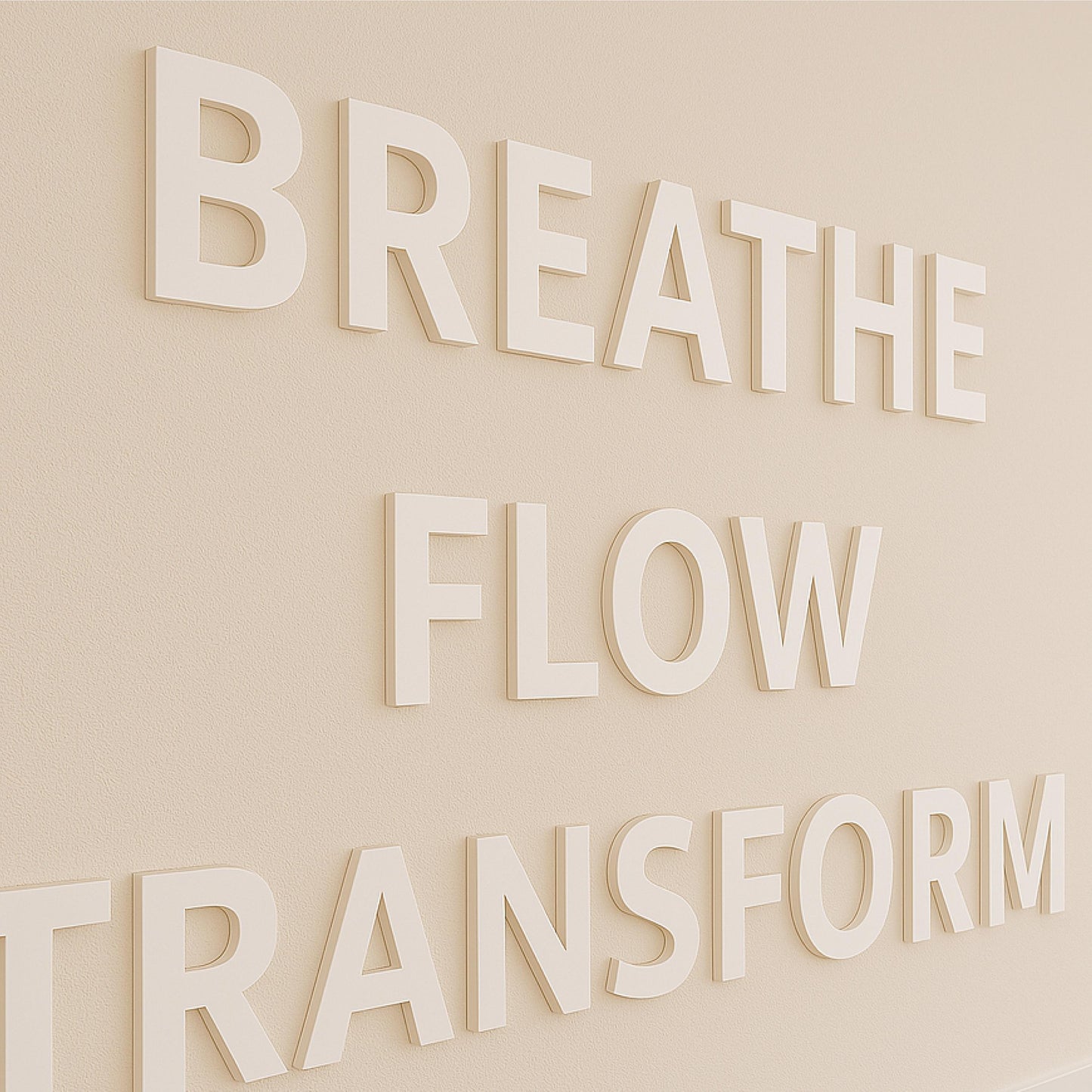 a close up view of 3d letters on the wall of a yoga studio saying BREATHE FLOW TRANSFORM