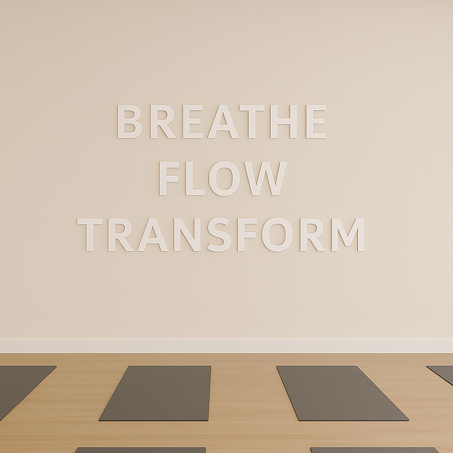 a close up view of 3d letters on the wall of a yoga studio saying BREATHE FLOW TRANSFORM