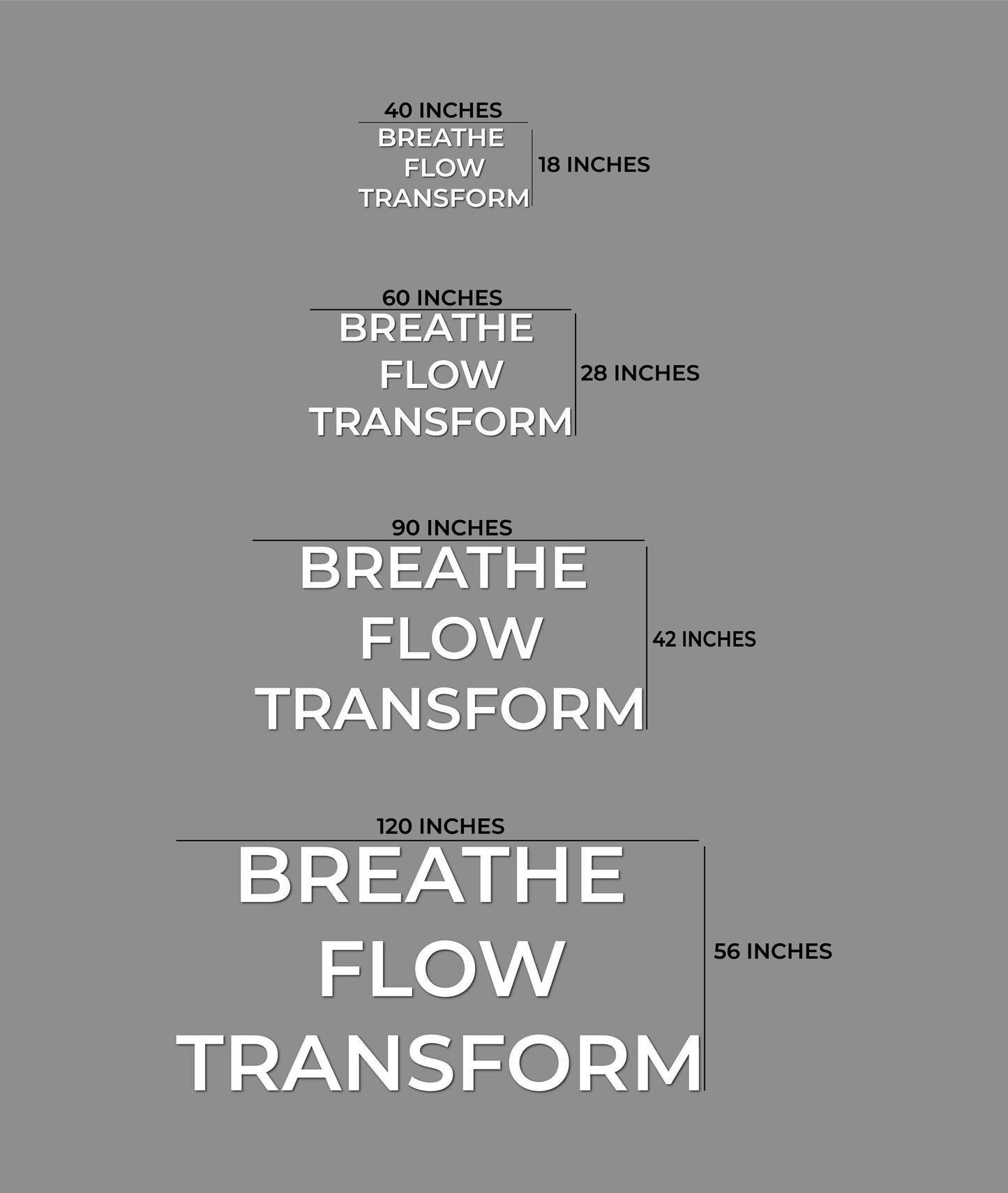 Size guide for PVC wall letters for a yoga studio saying BREATHE FLOW TRANSFORM