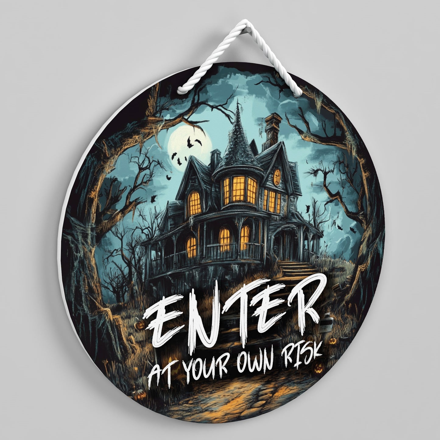 Halloween Haunted House Door Sign - Halloween Door Hanger - Enter At Your Own Risk - Spooky Decoration