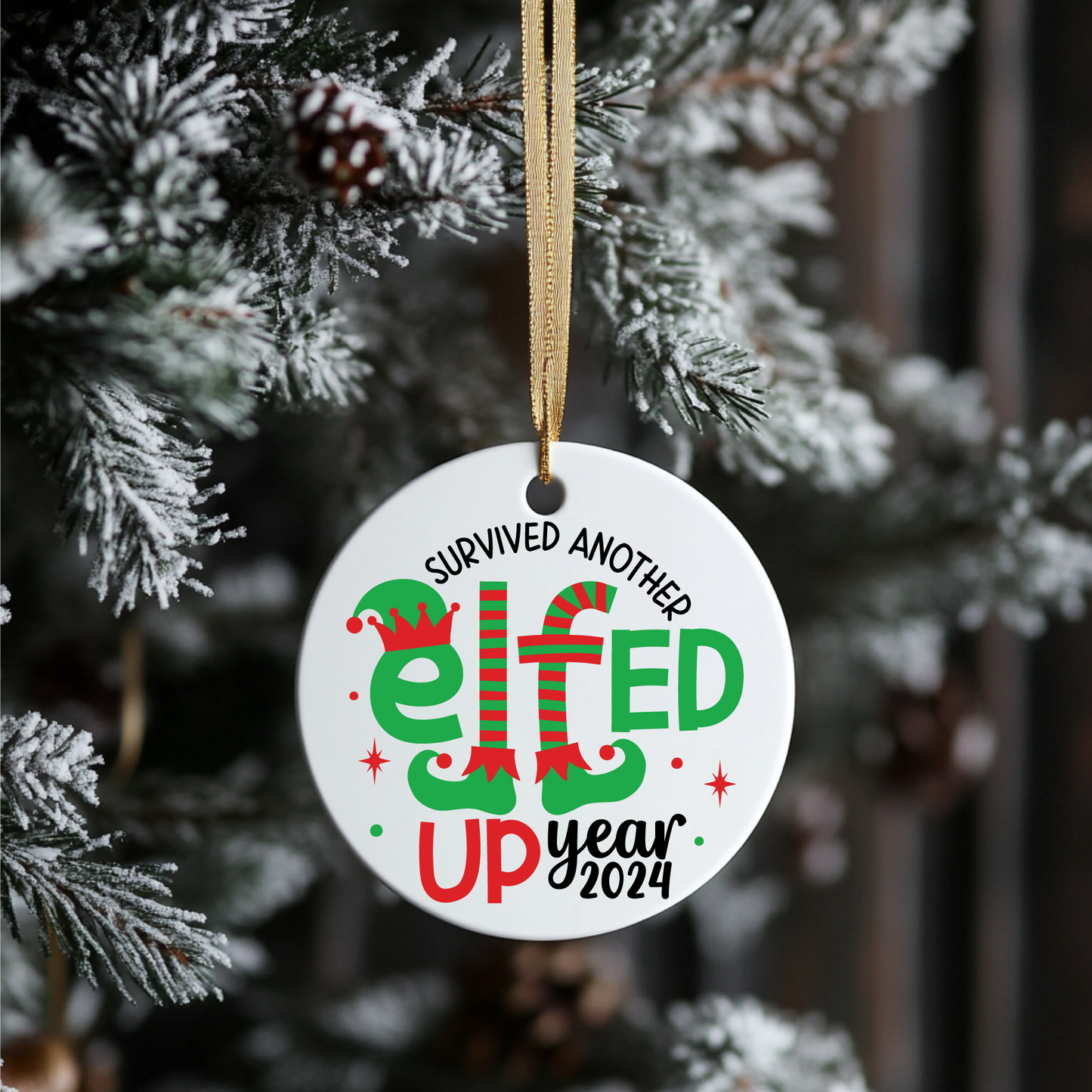 2024 Funny Christmas Ornament, Survived Another Elfed Up Year, Office Gift Ornament, Ornament with gift box