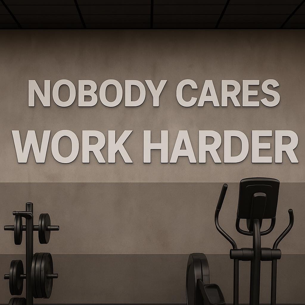 A motivational gym scene with the text "NOBODY CARES WORK HARDER" in large, white letters on a brown wall. The image includes a weight rack with black weights and a black elliptical machine.