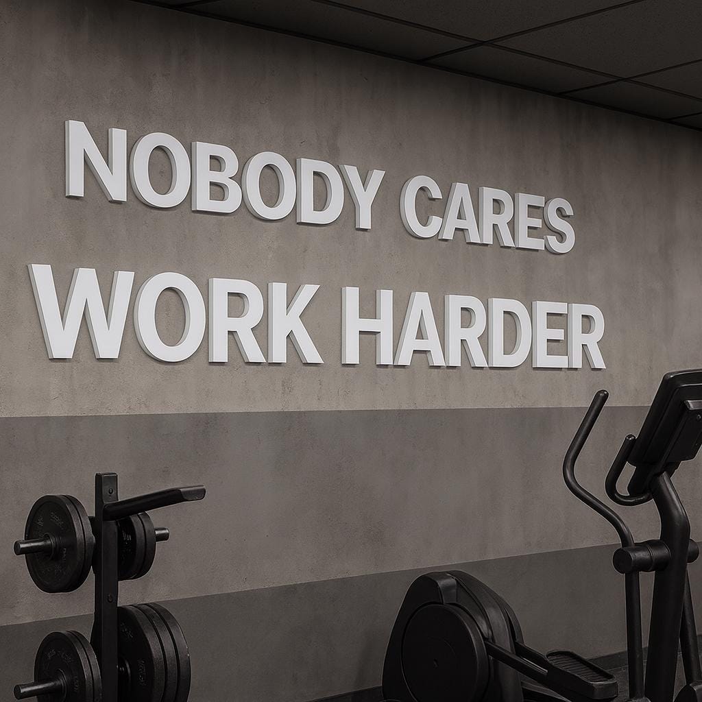 A motivational gym wall art piece with the text "NOBODY CARES WORK HARDER" in white block letters. The image includes exercise equipment such as weights and an elliptical machine, set against a gray wall.