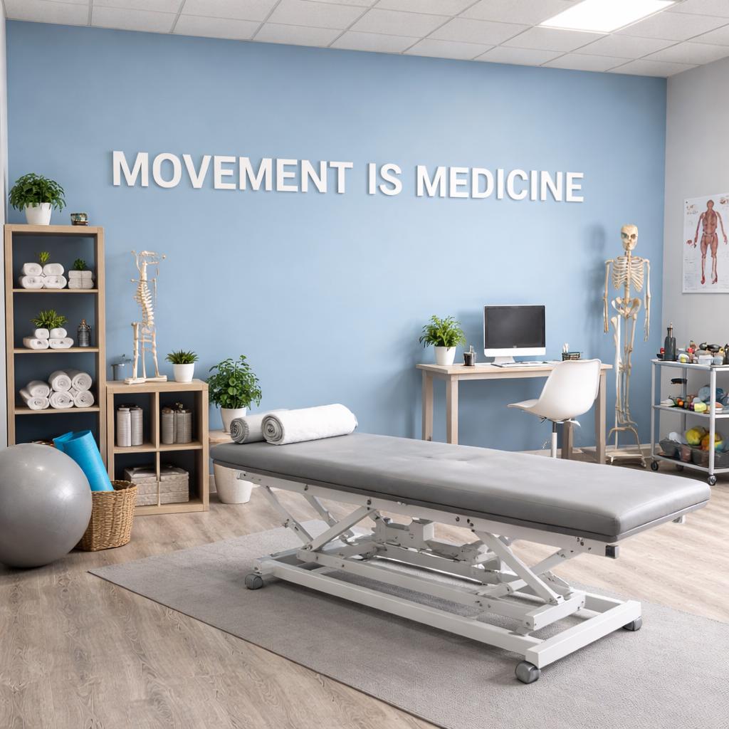 A physical therapy room with a gray treatment table, exercise ball, and shelving. The wall has the text "MOVEMENT IS MEDICINE".
