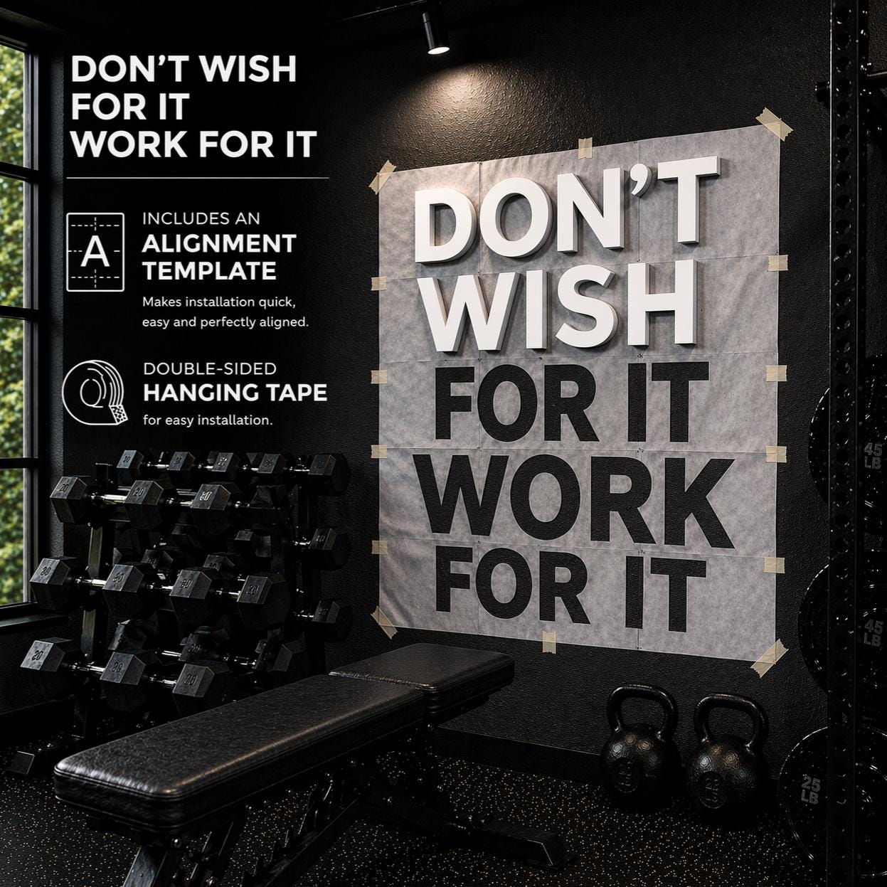 Don't Wish For It Work For It | 3D Gym Wall Quote | PVC Motivation Sign | Home Gym Decor | Fitness Room Wall Letters | Workout Inspo Gift
