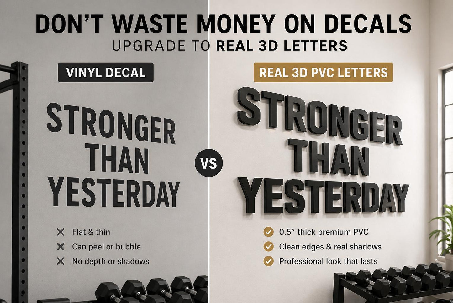 Comparison of vinyl wall decal vs 0.5 inch thick black PVC 3D letters for gym wall quote ‘Stronger Than Yesterday’, showing flat decal vs raised dimensional lettering with shadows