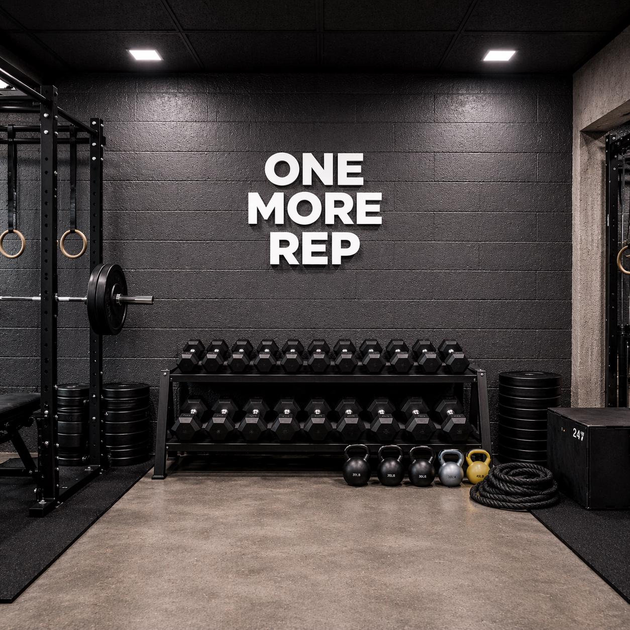 White 3D PVC wall letters reading ‘ONE MORE REP’ installed above a dumbbell rack