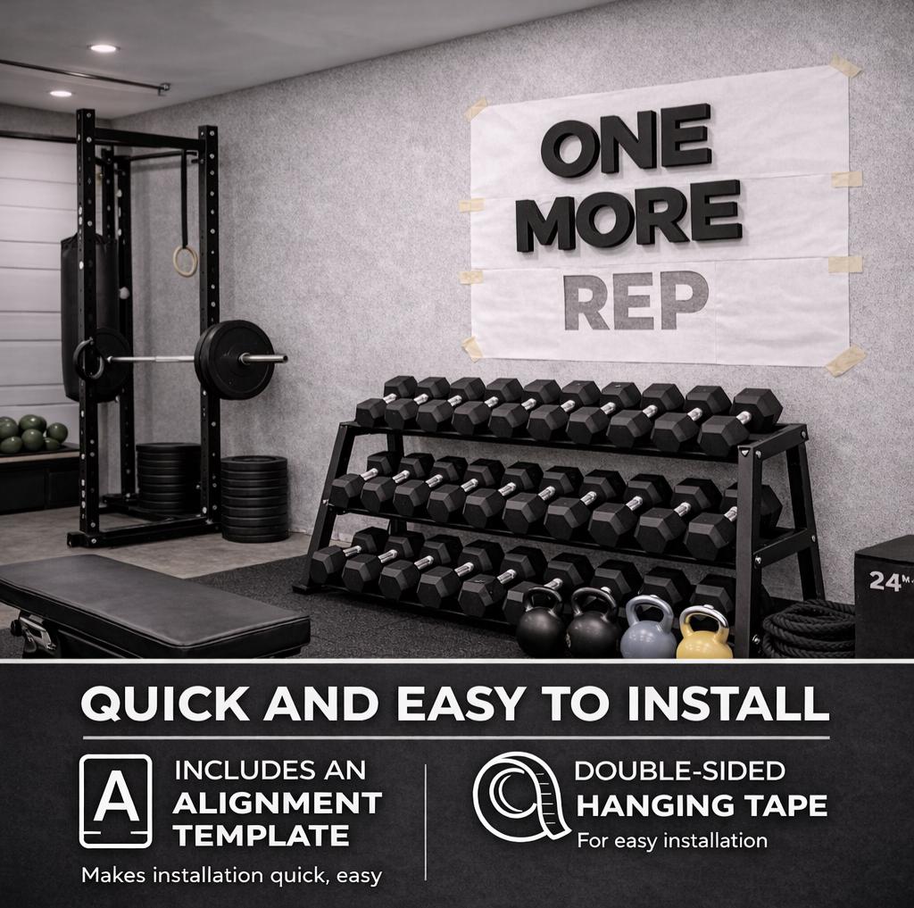ONE MORE REP gym wall sign black PVC letters 0.5 inch thick easy install with alignment template home gym decor”