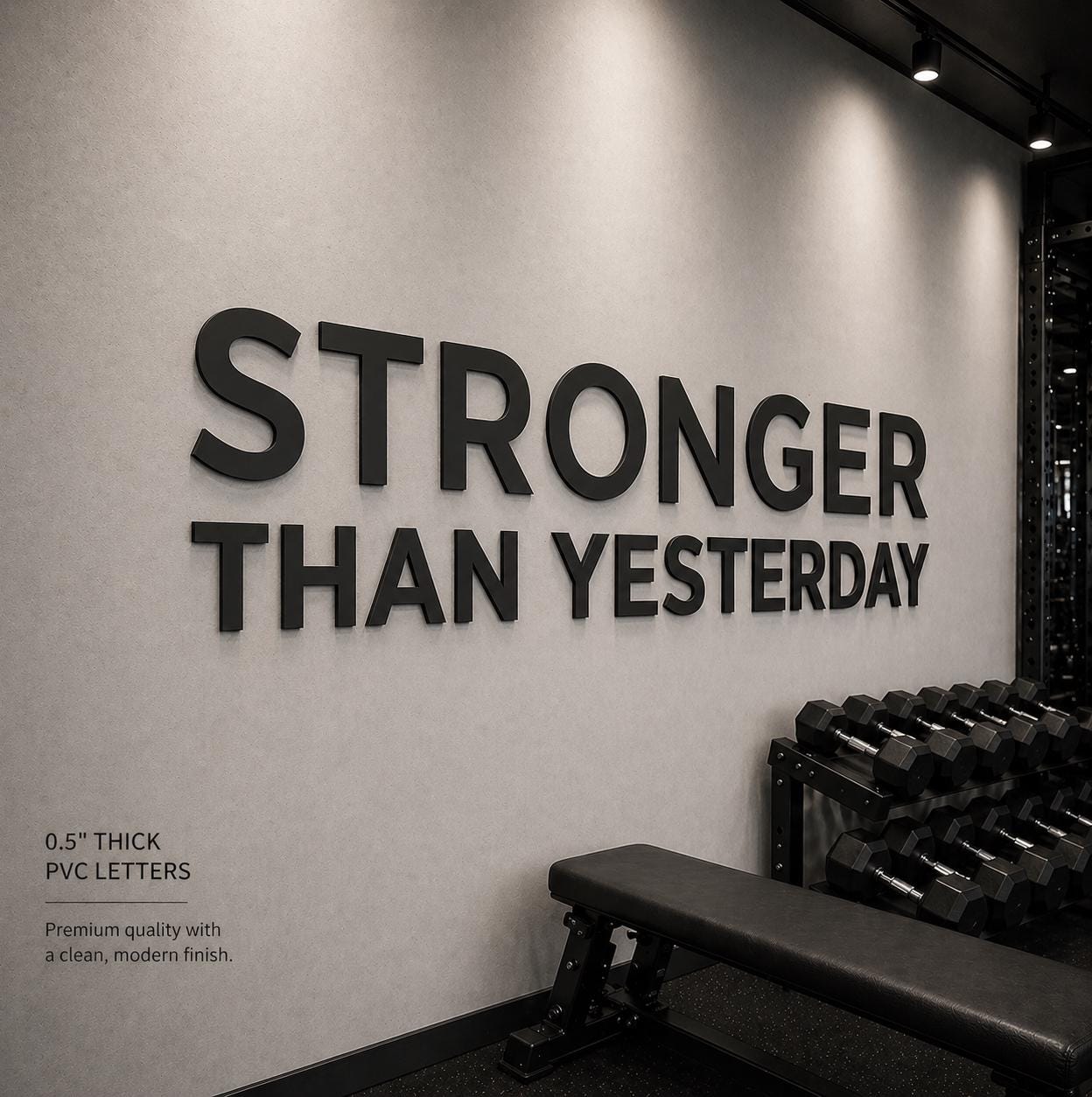 3D gym wall letters stronger than yesterday matte black 0.5 inch PVC home gym decor not a vinyl decal