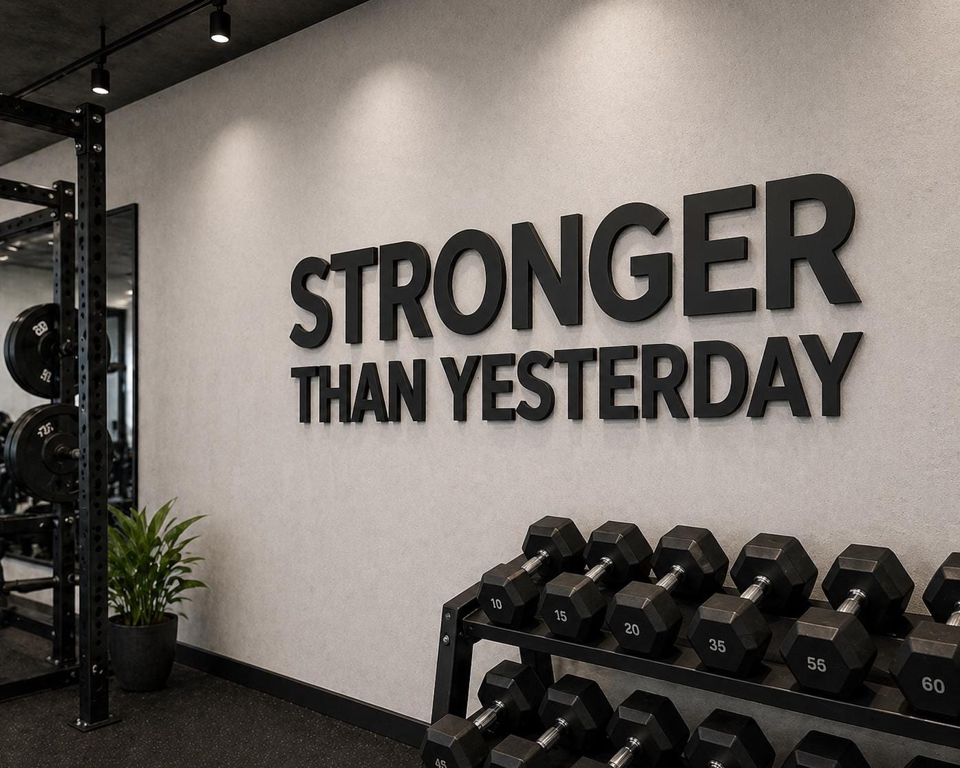 stronger than yesterday gym sign matte black PVC wall letters clean modern home gym wall decor