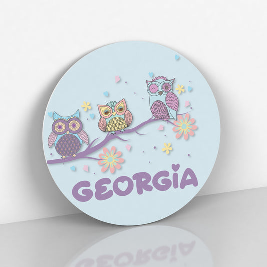 Round Personalized Name Sign with Woodland Owls