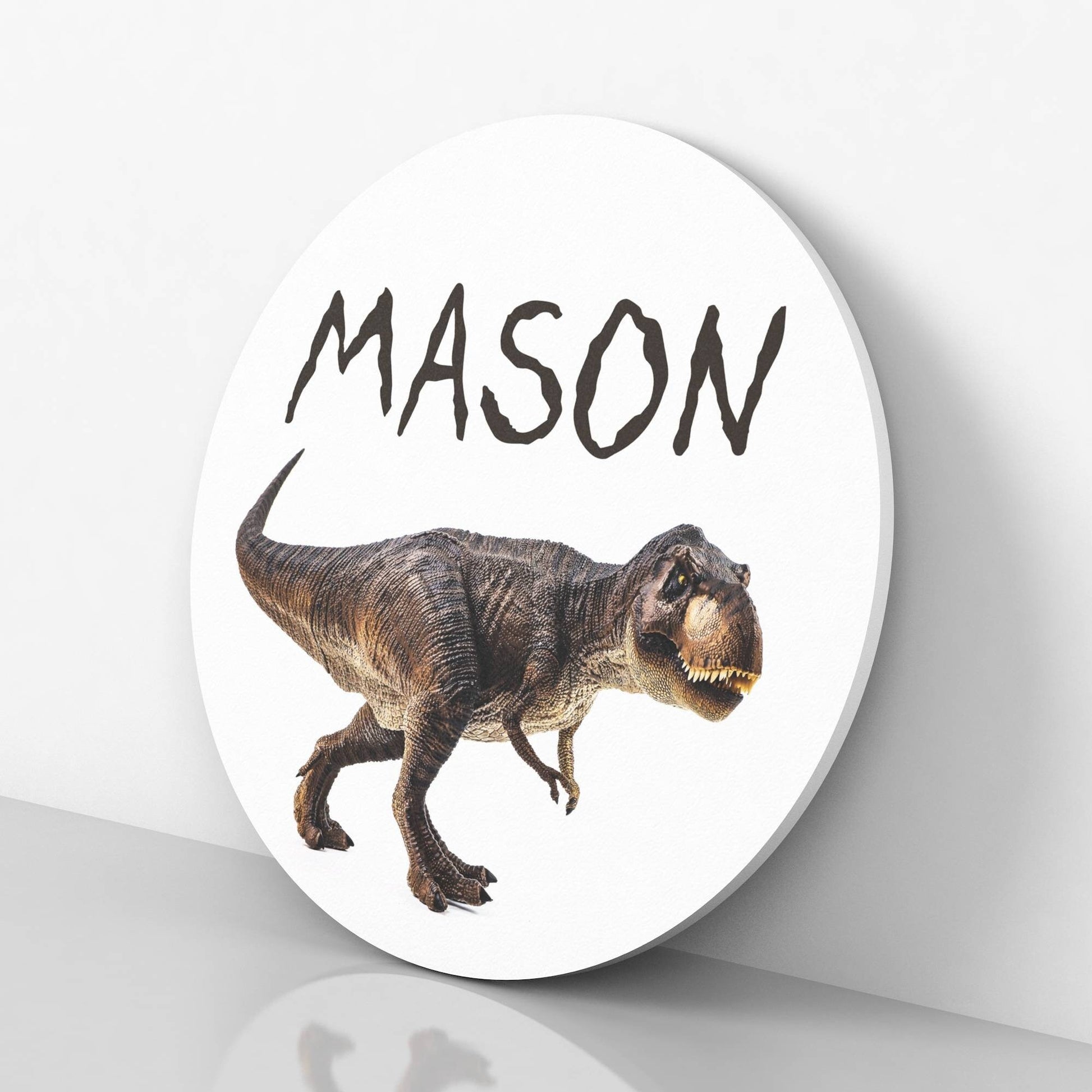 Kids Round Dinosaur Decor Sign, Personalized T-Rex Wall Sign